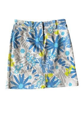 J. McLaughlin Floral Mini Size 8 White Blue Yellow Gray Zip Closure preppy